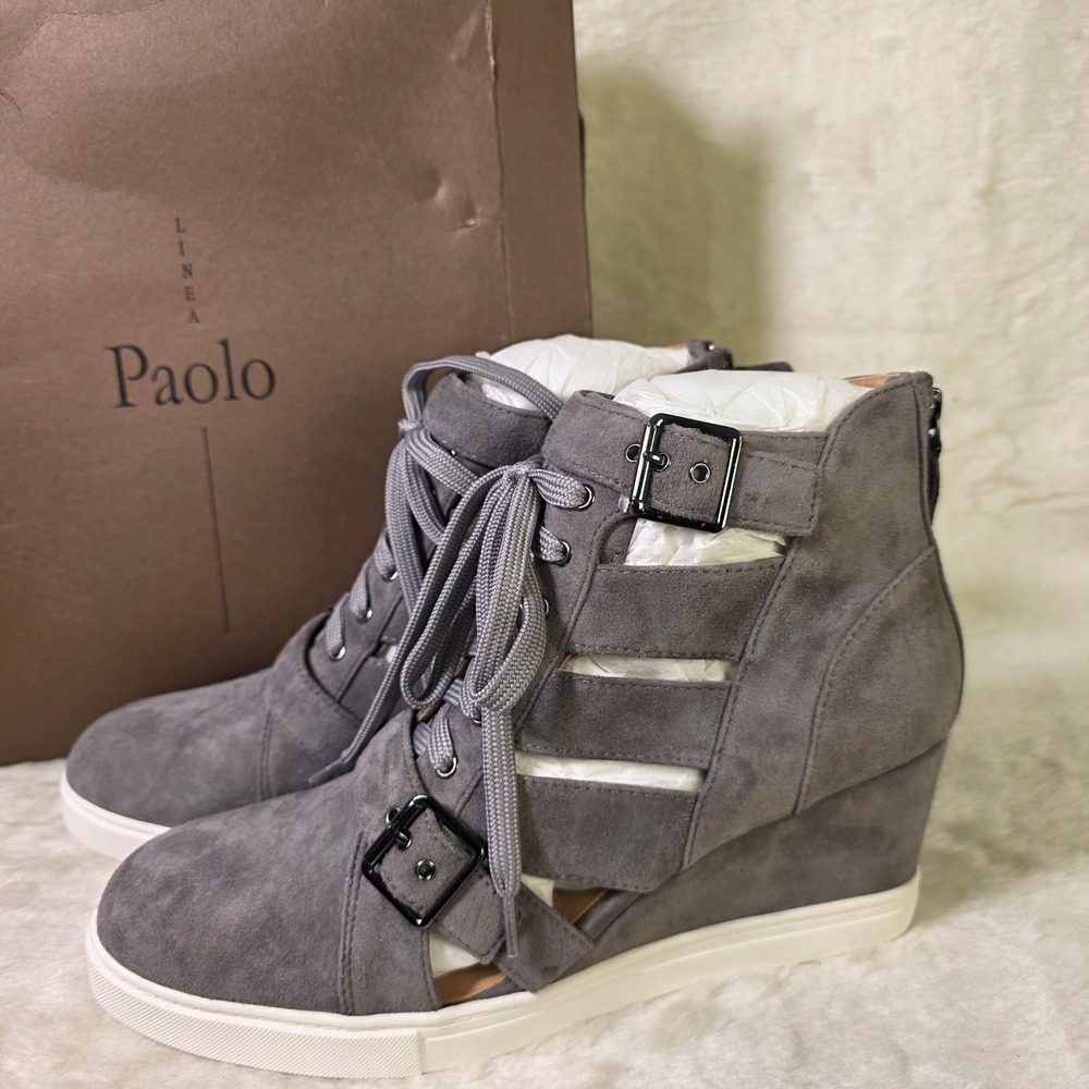 Linea Paolo Wedge Sneakers Ankle Booties Stone Grey Suede Cutout Womens 10 New